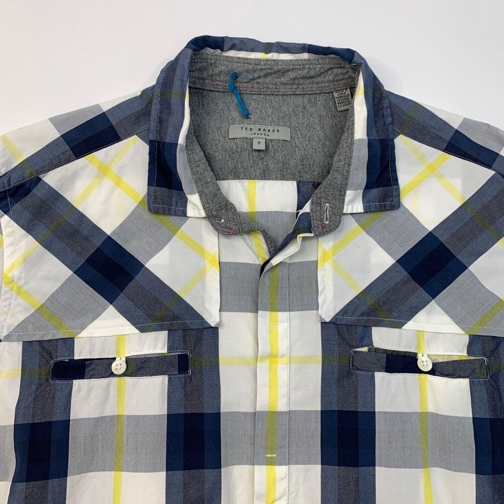 Ted Baker Shirt Mens 5 Plaid Button Up Long Sleeve Cotton Pockets Flip Cuff - Picture 4 of 12